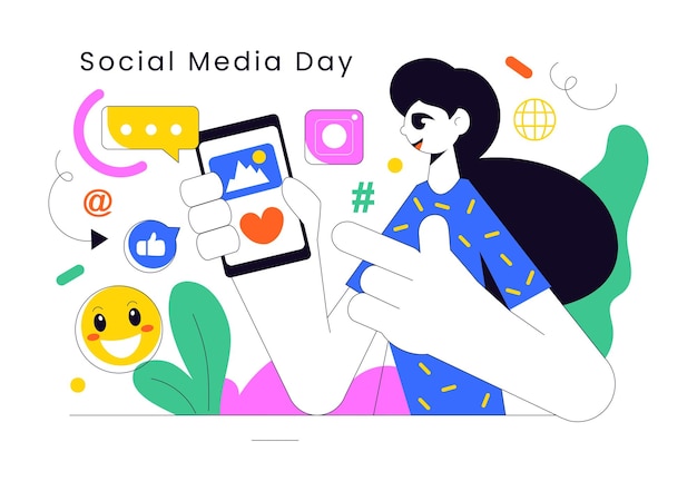 Social Media Day Vector-Illustration mit Social-Network-Ikonen auf einem Smartphone, die Menschen in einem flachen Cartoon-Hintergrund miteinander verbinden