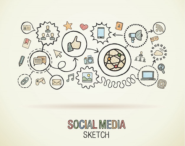 Vektor social media hand draw integrieren symbole auf papier. bunte skizze infografik illustration. verbundenes doodle-piktogramm, internet, digital, marketing, netzwerk, globales interaktives konzept