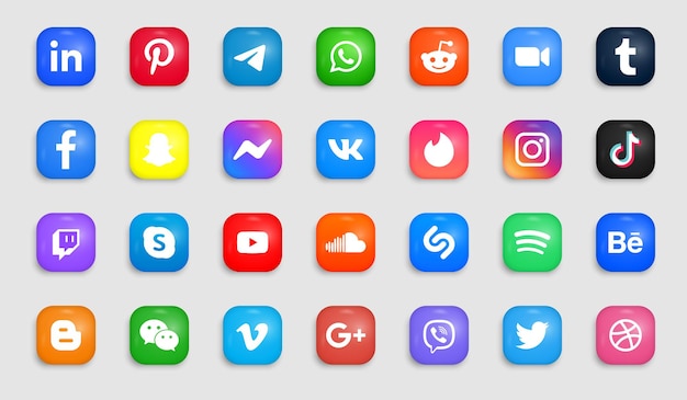 Social Media Icons in modernen Buttons und Square mit runden Ecklogos