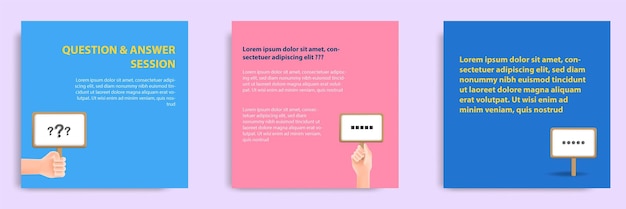 Social Media informative FAQ Post Banner Template Design 3D-Cartoon-Stil Hand mit Holzbrett