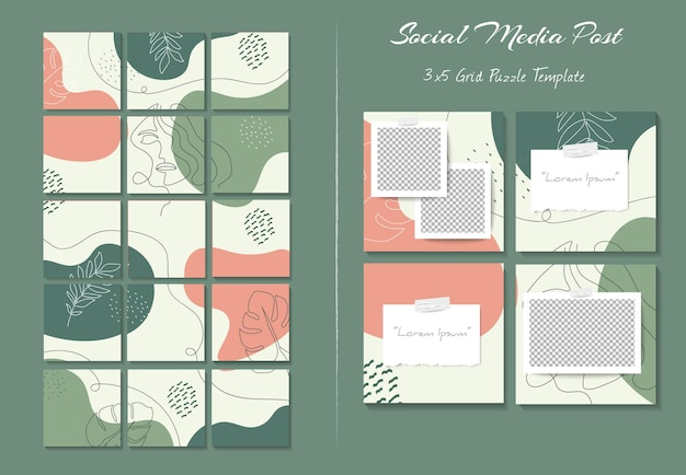 Social-Media-Instagram-Feed-Post-Vorlage im Raster-Puzzle-Stil mit organischem Formhintergrund