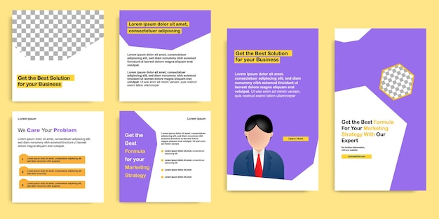 Social-media-karussellpost und geschichten, fettes design-banner-layout auf violett-gelb-weißem hintergrund