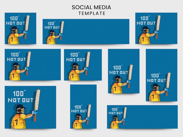 Social Media-Posts und Banner-Design-Set mit Sri Lanka Cricket Batter Player auf blauem Gitterhintergrund.