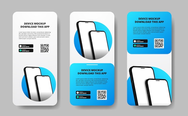 Social Media Storys Bannerwerbung zum Herunterladen von Apps für Mobiltelefone, Doppel-Smartphones. Laden Sie Schaltflächen mit QR-Code-Scan-Vorlage herunter. Telefon mit 3D-Perspektive