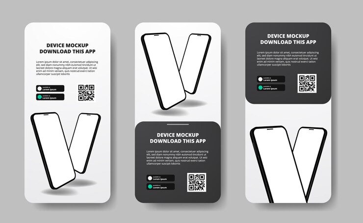 Vektor social media storys bannerwerbung zum herunterladen von apps für mobiltelefone, doppel-smartphones. laden sie schaltflächen mit qr-code-scan-vorlage herunter. telefon mit 3d-perspektive