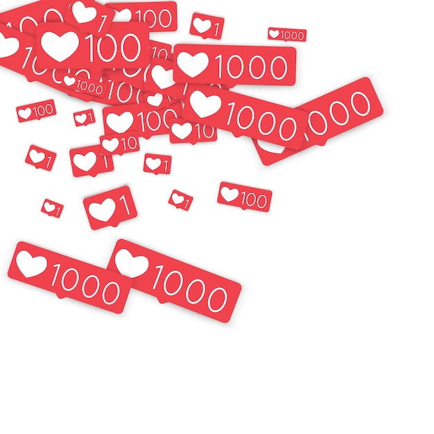 Social-Media-Zähler. Wie Hintergrund. Ikonen sozialer Netzwerke. SMM, digitales Marketing, Werbung, App, SEO, Web-Hintergrund mit fallenden wie Zähler isoliert auf weißem Hintergrund. Web-Sucht.