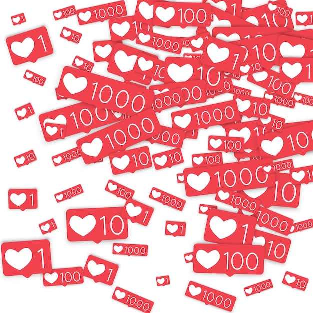 Social-Media-Zähler. Wie Hintergrund. Social-Network-Symbole. SMM, digitales Marketing, Werbung, App, SEO, Web-Hintergrund mit fallenden wie Zähler isoliert auf weißem Hintergrund. Web-Sucht.