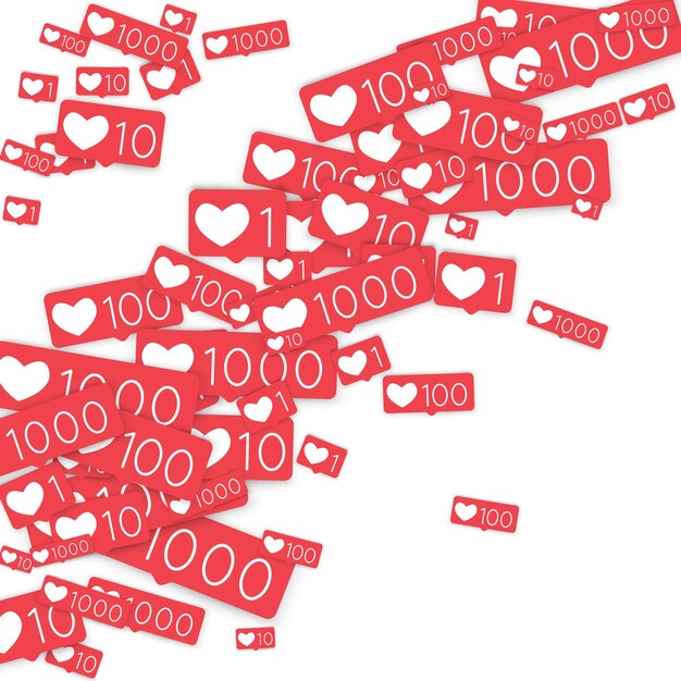 Social-Media-Zähler. Wie Hintergrund. Social-Network-Symbole. SMM, digitales Marketing, Werbung, App, SEO, Web-Hintergrund mit fallenden wie Zähler isoliert auf weißem Hintergrund. Web-Sucht.