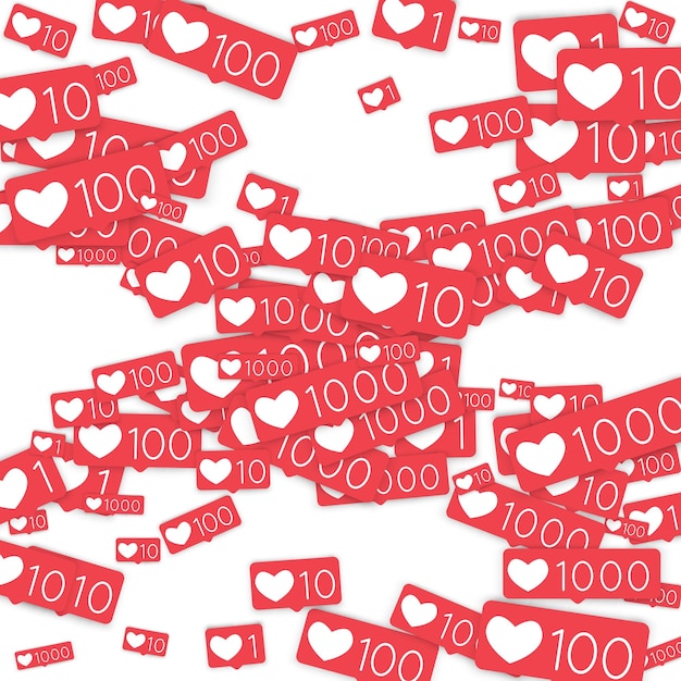 Social-Media-Zähler. Wie Hintergrund. Social-Network-Symbole. SMM, digitales Marketing, Werbung, App, SEO, Web-Hintergrund mit fallenden wie Zähler isoliert auf weißem Hintergrund. Web-Sucht.