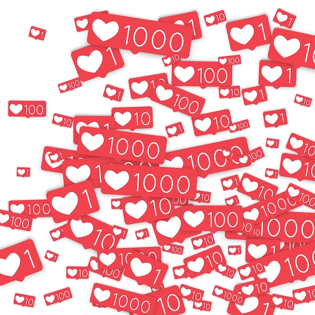 Social-Media-Zähler. Wie Hintergrund. Social-Network-Symbole. SMM, digitales Marketing, Werbung, App, SEO, Web-Hintergrund mit fallenden wie Zähler isoliert auf weißem Hintergrund. Web-Sucht.