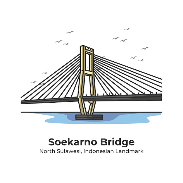 Soekarno brücke indonesian landmark cute line illustration