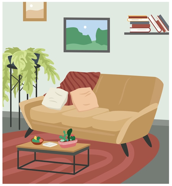 Vektor sofa in skandinavischer hygge gemütlicher innenvektorillustration. cartoon süße wohnzimmerwohnung mit bequemen möbeln, couchsofa, zimmerpflanzen, couchtisch und malerei auf wandhintergrund