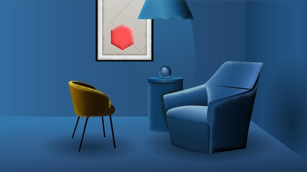 Sofa und Stuhl auf blauem Wandhintergrund Moderne Innenarchitektur Körnungseffekt-Vektorillustration