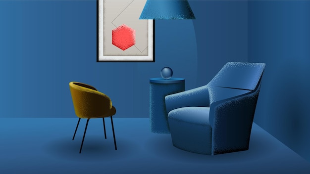 Sofa und stuhl auf blauem wandhintergrund moderne innenarchitektur körnungseffekt-vektorillustration