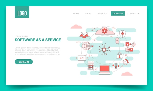 Software als Service-Saas-Konzept mit Kreissymbol für Website-Vorlage oder Zielseite, Homepage-Gliederungsstil