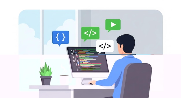 Software Developer Coding at a Desk with Programming Symbols