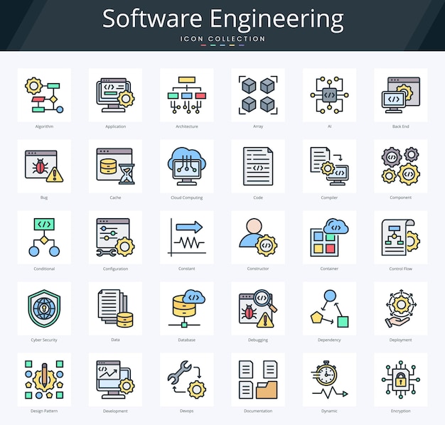 Software Engineering Flat Outline Icon Pack für DevOps und Programmiertechnik