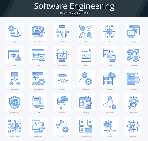 Software-Engineering Lineal Blue Icon Pack für DevOps und Programmierung