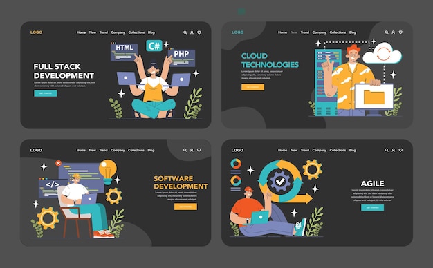 Softwareentwicklung Web-Banner oder Landing-Seite dunkler oder Nachtmodus Set Codierung Backend und Frontend