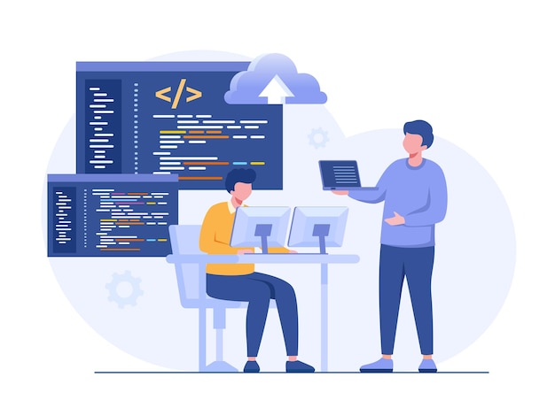 Vektor softwareentwicklung web-programmiersprachen css html it ui programmierer zeichentrickfigur entwickelt website-codierung flaches illustrationsbanner