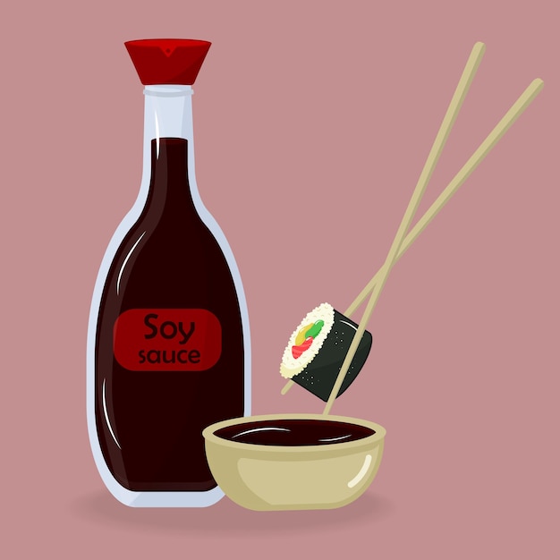 Vektor sojasauce glasflaschenschale und stäbchen mit japanischer sushirolle asiatisches essen