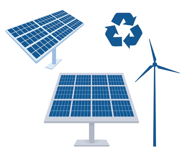 Solarbatterie-panel-set vektor-photovoltaik-zellen windgenerator und recycling-zeichen