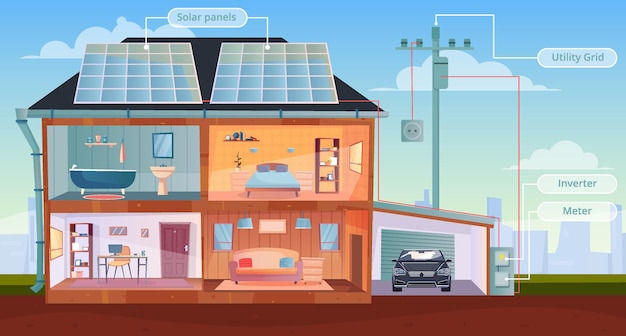 Solarenergiehaus mit solarzellen auf flacher hintergrundillustration auf dem dach