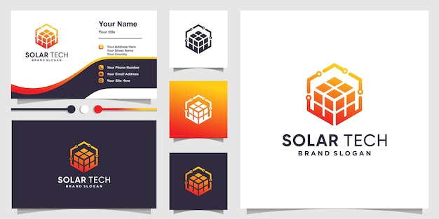 Solartech-logo mit kreativem würfelkonzept und visitenkartendesign