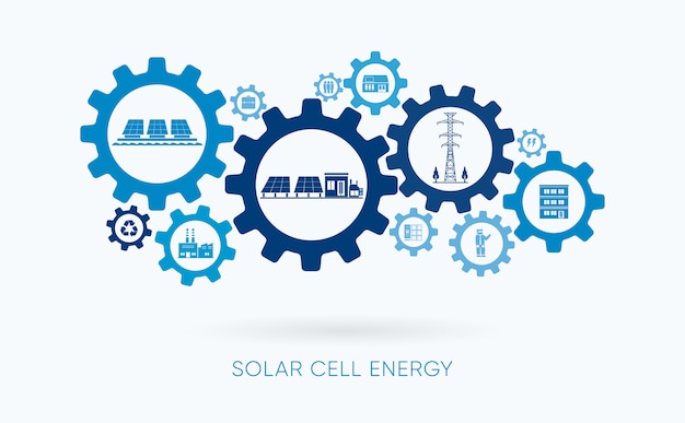 Solarzellenenergie, solarzellenkraftwerk mit zahnradsymbol