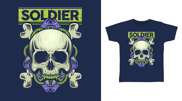 Soldat cyborg schädelkopf und kreuzknochen detailliertes vektor-t-shirt-design