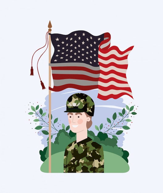 Soldat mit usa-flagge auf dem gebiet