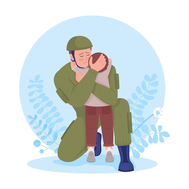 Soldat umarmt seinen Sohn beim Abschied 2D-Vektor isolierte Illustration Militante gehen in den Krieg flache Figuren auf Cartoon-Hintergrund Verlassen Sie die bunte Szene für die Präsentation der mobilen Website