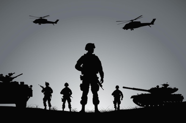 Soldaten auf der Leistung der Kampfmission. Silhouette von Soldaten, die in der Schlacht kämpfen