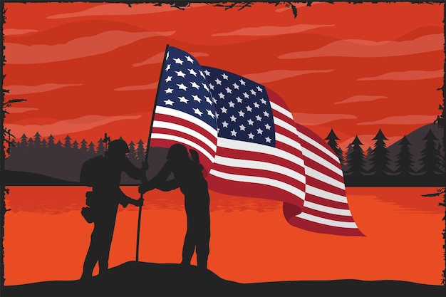 Vektor soldaten, die usa-flaggenlandschaft wellenartig bewegen