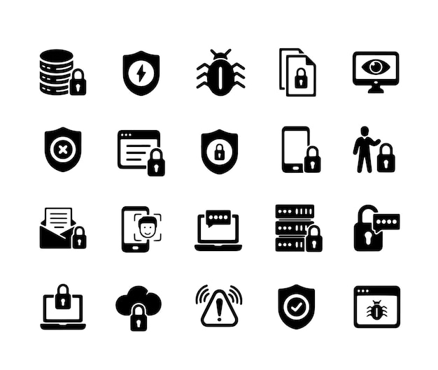 Solide Ikonen für die Sicherheit, die einen Lock-Bug-Alert enthalten, Solid-Ikonen-Sammlung, Vektorillustration