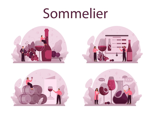 Sommelier-konzeptset. spezialist mit einer flasche traubenwein und einem glas alkohol. traubenwein in einem holzfass, weinlagerung. isolierte vektorillustration