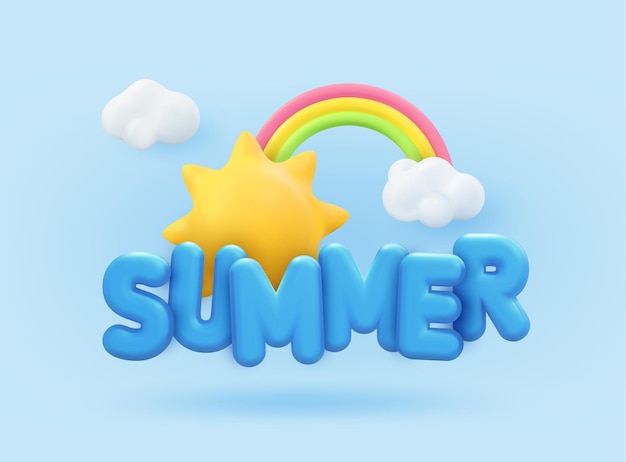 Sommer 3d-banner-design. realistische renderszene tropische sonne, regenbogen, wolke. tropische sommerobjekte, urlaubs-webposter, moderner flyer, saisonbroschüre, cover, hintergrund