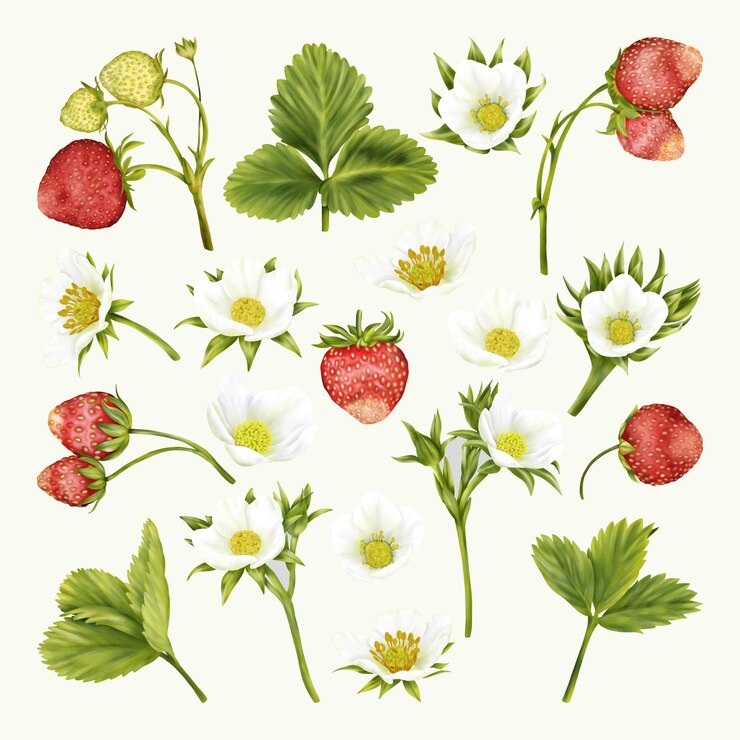 Vektor sommer boho erdbeeren weiße blumen grüne blätter
