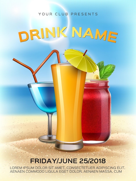 Sommer Cocktail Party Poster Saft Smoothie Einmachglas trinken Cocktailglas mit am Meer Strand