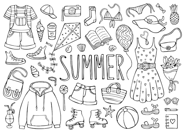 Vektor sommer-doodle-set von kleidung und elementen isoliert auf weißem hintergrund