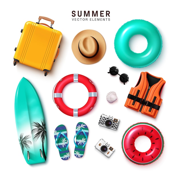 Sommer-Elemente Vektor-Set-Design Sommer-Reise-Element wie Tasche Gepäck Hut Floaters Surfbrett