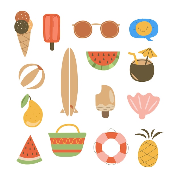 Sommer-Flat-Elemente Einfache Urlaubssymbole und Ikonen Set Pfirsich Wassermelone Surfen Stock-Vektor-Illustration