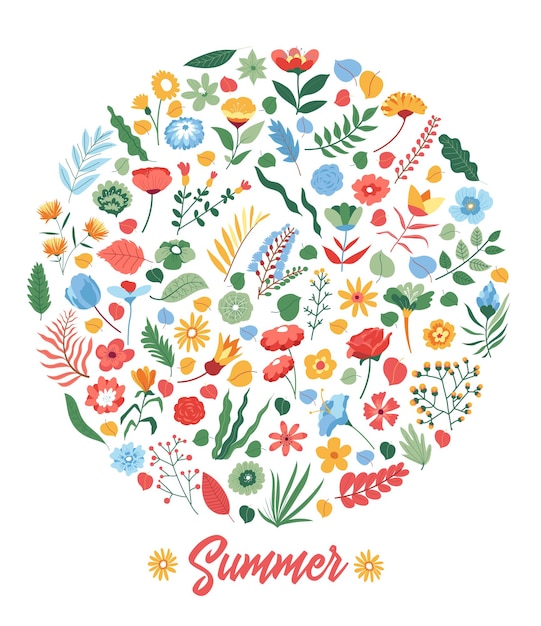 Sommer floral abgerundetes banner mit blühenden pflanzen