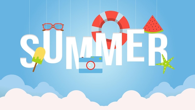 Sommer-Fun-Hintergrund mit hellen Himmelwolken und Strandelementen für Urlaubs- und Urlaubsthema