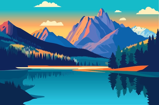 Sommer-Gebirgssee Heller Morgen Vektorillustration der Landschaft der italienischen Alpen