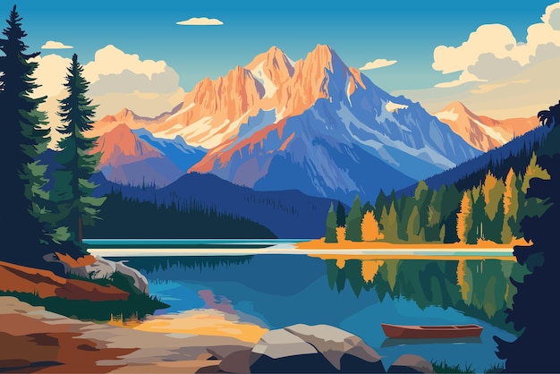 Sommer-Gebirgssee Heller Morgen Vektorillustration der Landschaft der italienischen Alpen