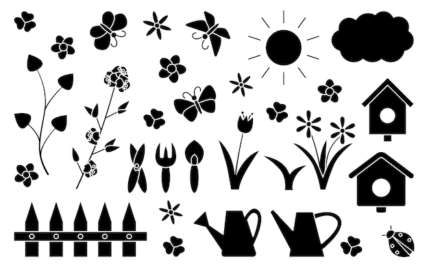 Vektor sommer-glyphen-gartengießkanne und vogelhaus-set