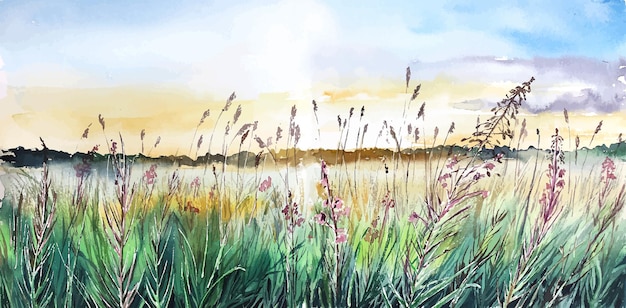 Sommer herbst feld gras sonnenuntergang aquarell illustration