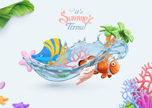 Sommer, Meer 3D-Karte mit Korallenriff, tropischen Fischen, Seesternen, Muschelobjekten