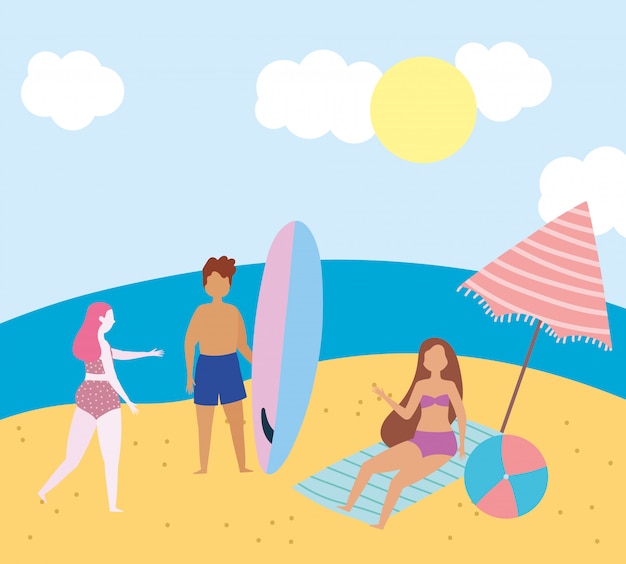 Sommer Menschen Aktivitäten, Mann und Mädchen mit Ball Surfbrett, Küste entspannen und Freizeit im Freien durchführen